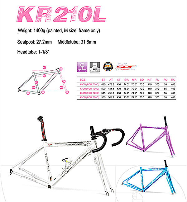 Υπερφωτεινό Αλουμίνιο Φρέμα ποδηλάτου Lady Aero Φρέμα ποδηλάτου δρόμου + σύνολο πιρούνι KR210L Γυναίκες 1,4kg 4